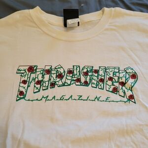 Thrasher Magazine White Short Sleeve T Shirt with Red Roses and Thorns